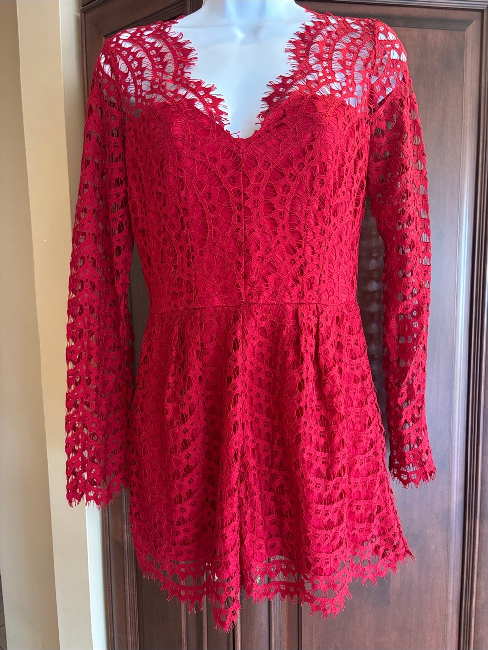Luxxel Red Lace Long-Sleeve Romper